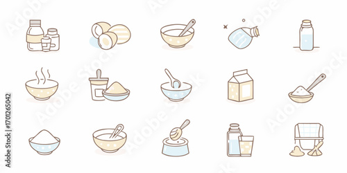 Collection of cute hand drawn icons representing ingredients and preparation for food and drinks