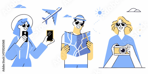 Diverse group of friends enjoying a vacation with travel essentials like a smartphone map camera and airplane