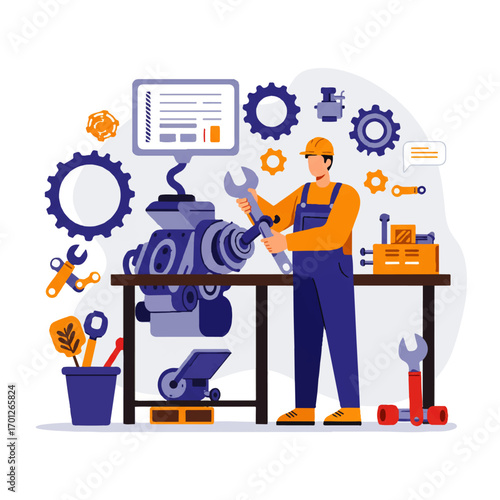 Mechanic in overalls and a cap repairs a complex engine on a workbench using a wrench, surrounded by tools and gears, with a monitor displaying data.