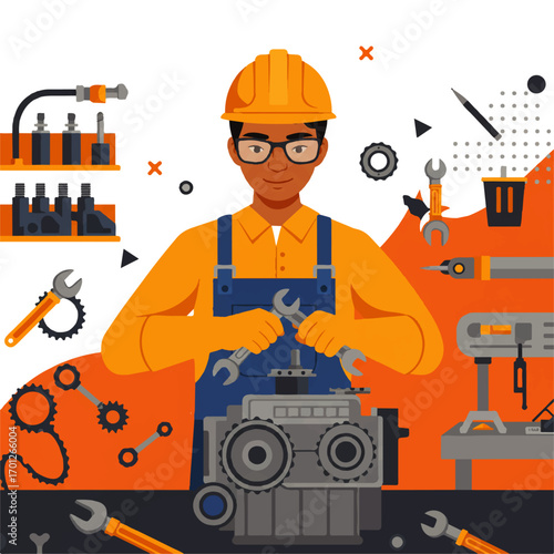 Cartoon illustration of a mechanic wearing a hard hat and overalls, working on an engine with wrenches in a workshop setting.