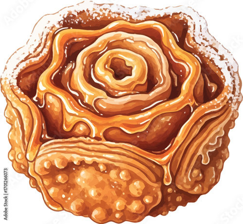 Rosette shaped pastry with caramel drizzle and powdered sugar.