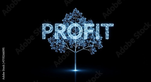 Abstract digital visualization of a glowing blue tree with the word PROFIT forming its leaves, embodying financial gain, business success, and economic growth on a dark background