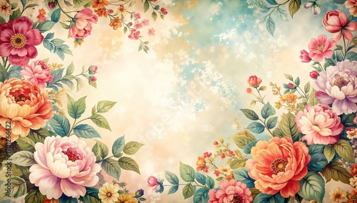 A vibrant floral background featuring an array of colorful blossoms and lush green leaves, creating a lively and refreshing natural atmosphere.