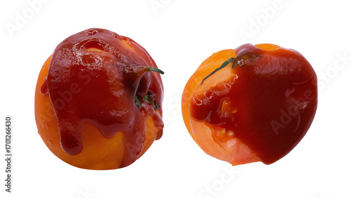 Tomatoes are doused with ketchup.