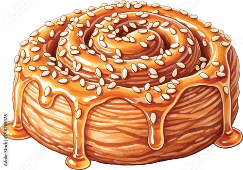Delicious cinnamon roll with caramel and sesame seeds.
