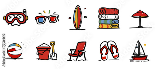 Set of 10 Colorful Summer Vacation Holiday Activity Icons