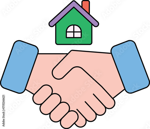 Handshake icon with green house above on white background agreement deal