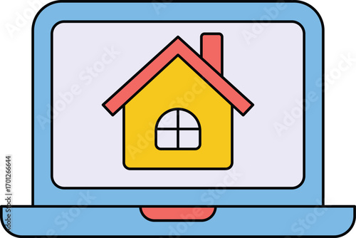 Laptop displaying a yellow house icon with a red roof and chimney computer screen