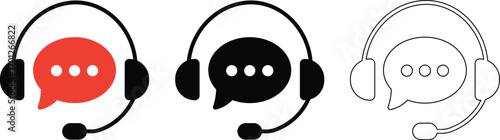 Three Headset Icons with Speech Bubbles in Red Black and Outline headphones microphone