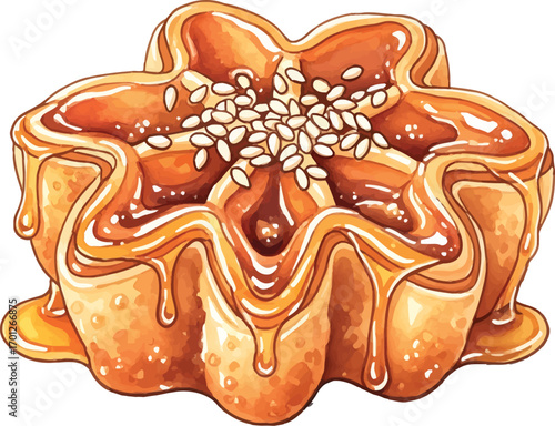 Illustration of a flower-shaped pastry with honey and sesame seeds.