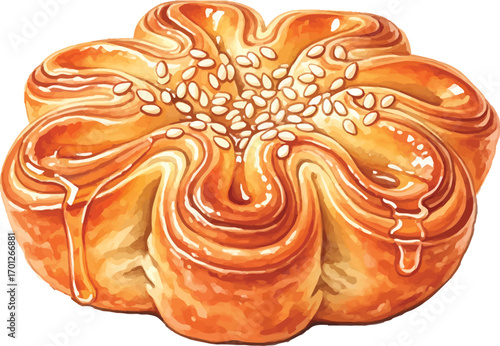 A close-up of a sweet pastry with sesame seeds and a glaze.