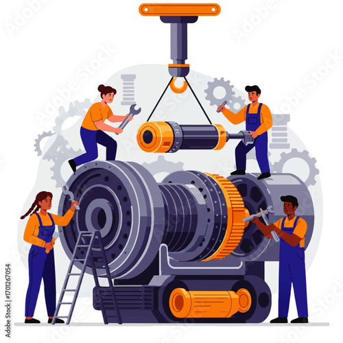 Four mechanics are repairing a large machine with gears, using wrenches and a crane for support.