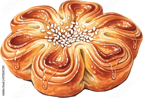 Illustration of a flower-shaped pastry with sesame seeds and glaze.