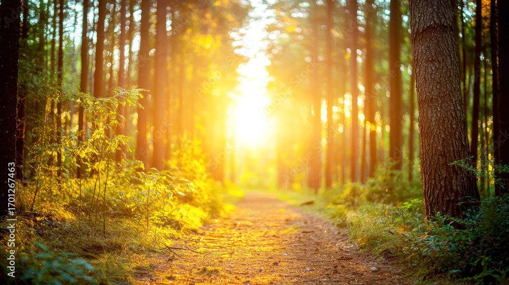 Fototapeta premium A blurred sunlit forest background with natural bokeh, evoking a fresh and organic feel.