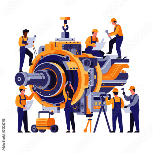 Illustration of a group of diverse workers maintaining and repairing a large industrial machine with tools and blueprints.