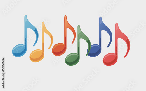 A colorful array of musical notes, each a different hue, arranged in a playful line against a clean, light gray background, creating a cheerful melody
