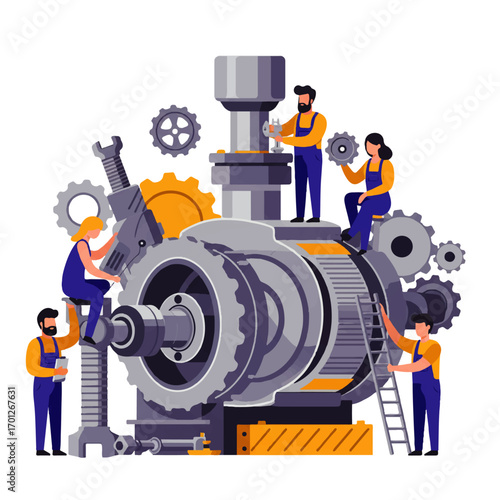 A group of mechanics, male and female, are repairing a large industrial machine with gears and tools.