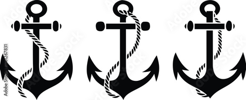 Three black nautical anchor silhouettes with rope isolated on white background 
