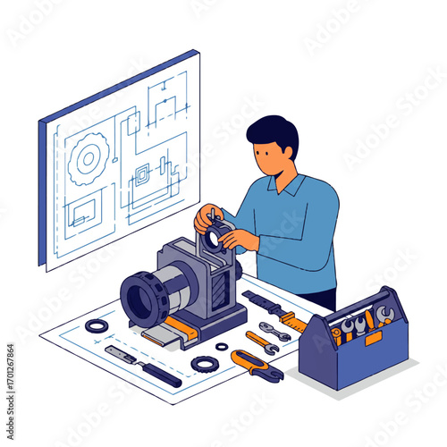 Man repairing a machine part on a table with tools and a blueprint in an isometric illustration.