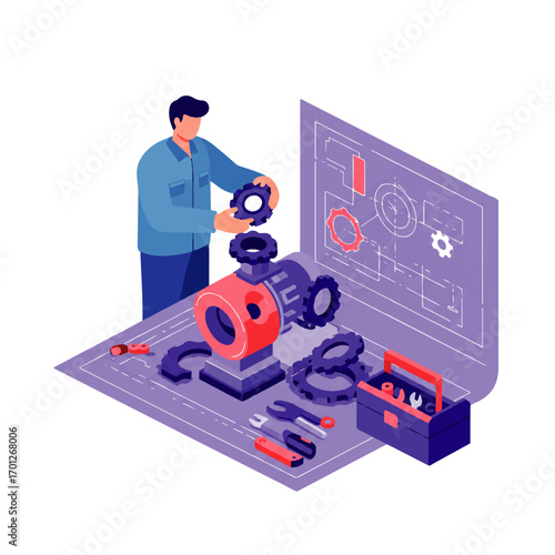 Isometric illustration of a mechanic assembling a machine with gears, tools, and a blueprint on a table.
