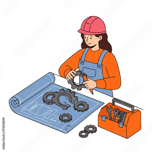 A female engineer wearing a hard hat examines gears on a blueprint, with a toolbox nearby, in a vector illustration.