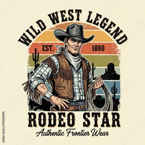 Vintage illustration of a cowboy with lasso in desert scenery backdrop