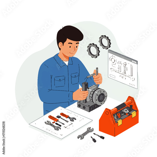 A man in blue overalls is repairing a machine with tools, with a toolbox and technical drawings nearby.