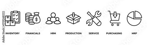 ERP banner web icon vector illustration concept for enterprise resource planning with icon of inventory, financials, hrm, production, service, purchasing, and mrp