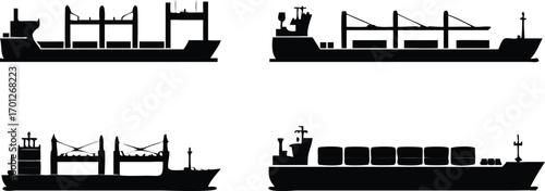 Collection of black silhouette illustrations representing various cargo ship designs and transport 