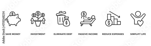 Financial freedom banner web icon vector illustration concept with icon of save money, investment, eliminate debt, passive income, reduce expenses, simplify life