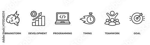 Hackathon banner web icon vector illustration concept for design sprint-like social coding event with icon of brainstorm, development, programming, timing, speed, teamwork, and goal