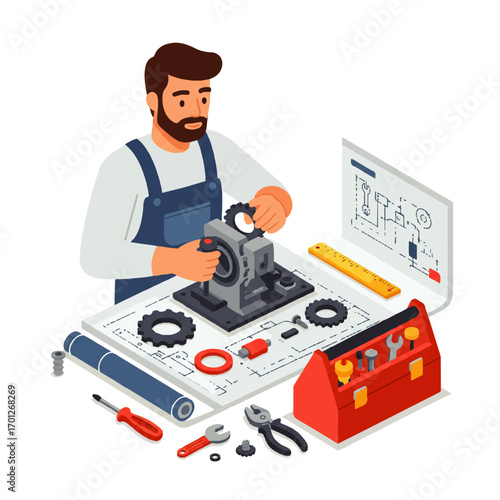 A bearded man in overalls assembling a mechanical device with blueprint, tools, and toolbox around him.