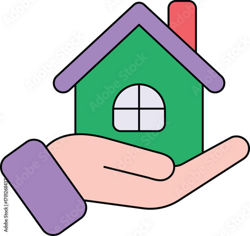 Hand holding a green house icon with a purple roof support care