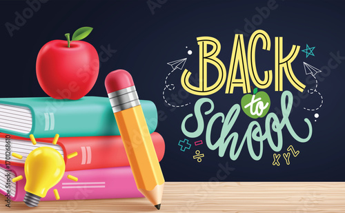 Back to school greeting clipart template. School books educational elements clip art with greeting text in blue background vector illustration. 
