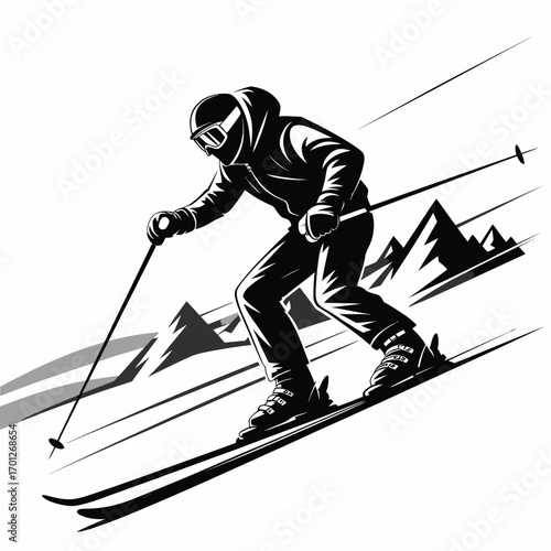 Skier in Action Vector,  Downhill Winter Sport Athlete on Snowy Mountain Landscape, Cold Season Outdoor Recreation, Extreme Adventure and Holiday Travel Background Illustration
