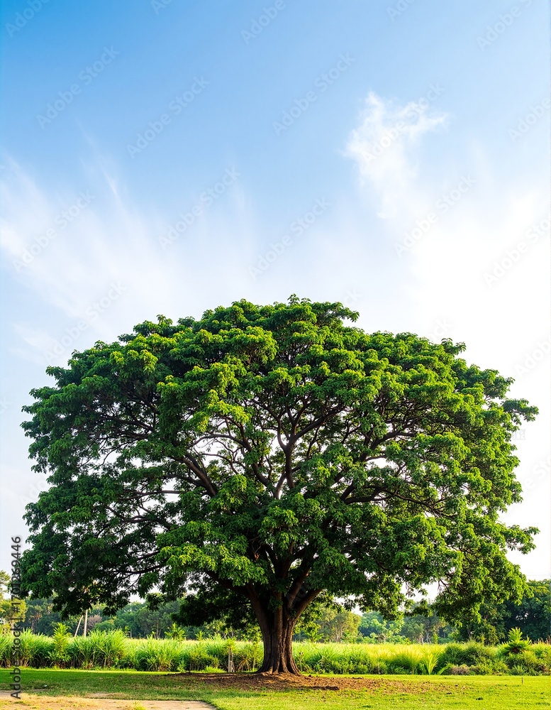 Fototapeta premium A majestic, sprawling tree stands proudly in the center of a vast, sunlit open field, its lush green leaves gently swaying in the breeze.