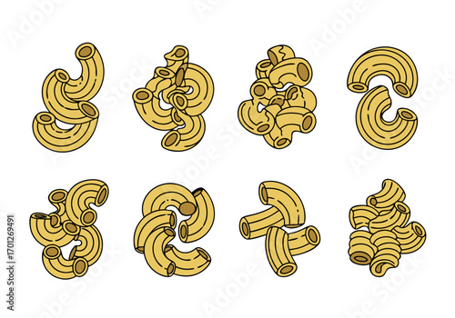 A set of eight gorfou macaroni vector illustrations in various poses and arrangements on a white background for decorative and design purposes