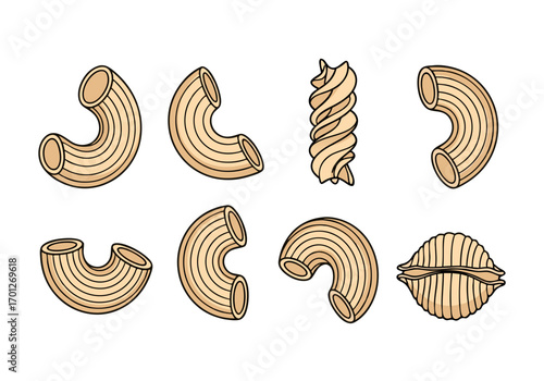 A set of eight macaroni pasta shapes in various orientations and views gorfou macaroni vector illustrations for food design and culinary concepts on white