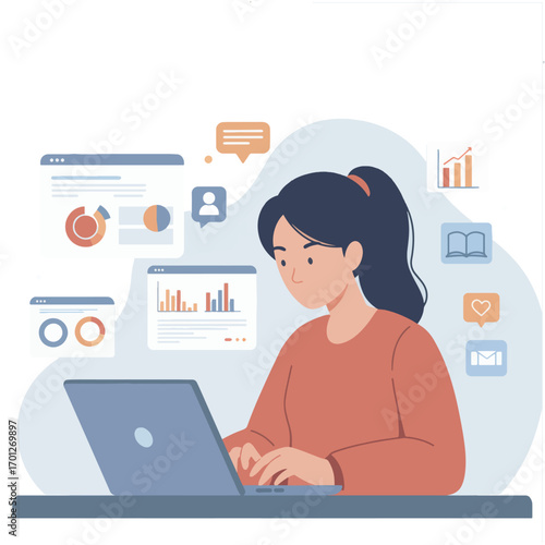Young businesswoman engaged in data analysis and online project management using a laptop with charts and graphs