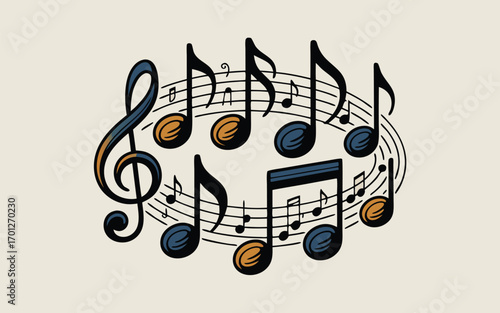 A vintagestyle illustration of musical notes arranged in a circular pattern around a staff, creating a harmonious and classic musical design