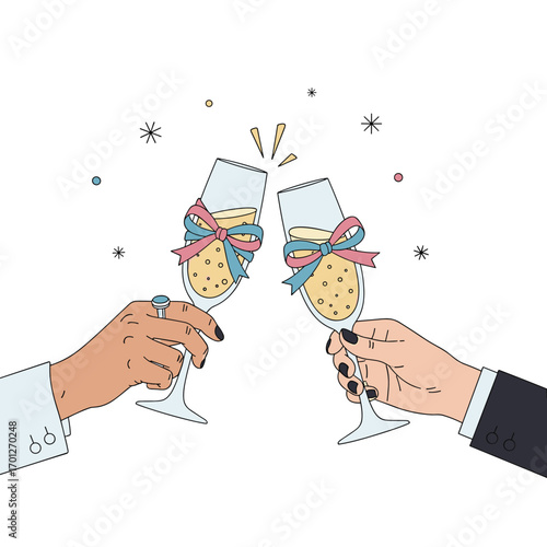 Celebration toasted champagne glasses with ribbons festive cheers toasts clinking bubbly drink sparkling joyful occasion