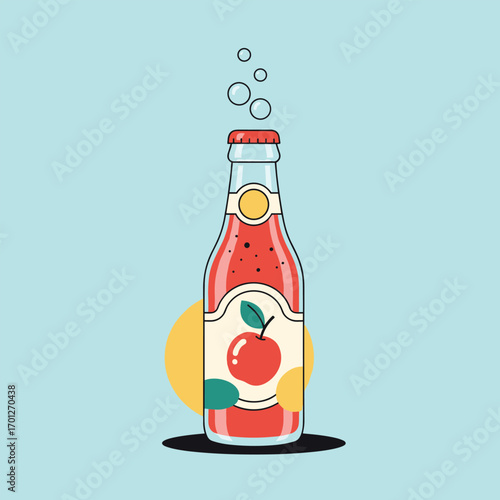 Refreshing fizzy apple drink in a glass bottle with bubbles rising upwards illustration