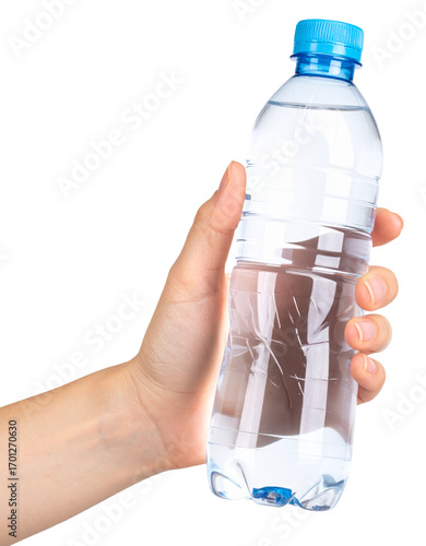 hand holding a plastic bottle of mineral water isolated on white background