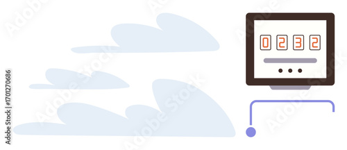 Digital counter with glowing numbers and connecting wire, surrounded by stylized cloud shapes. Ideal for technology, data, internet usage, cloud storage, progress, measurement, and simple flat