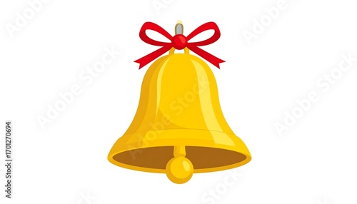 A bright, gold-colored bell with a red ribbon adorns a white background.