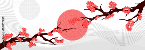 Japanese Cherry Blossom Background with Red Sun and Traditional Wave Pattern
