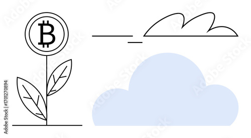 Bitcoin coin sprouting as a plant with leaves, cloud, and minimalist line art. Ideal for cryptocurrency, fintech, growth, innovation, nature, cloud technology simple flat metaphor