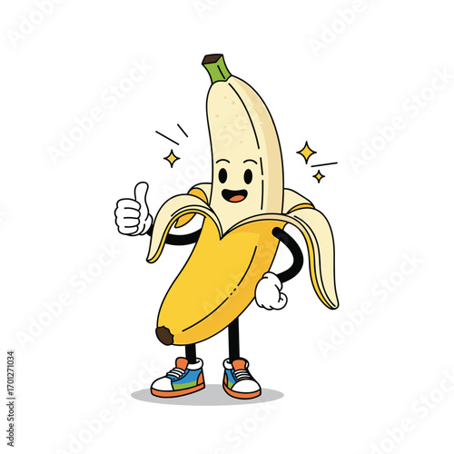 A cheerful peeled banana character giving a thumbs up with shiny sparkles and trendy sneakers