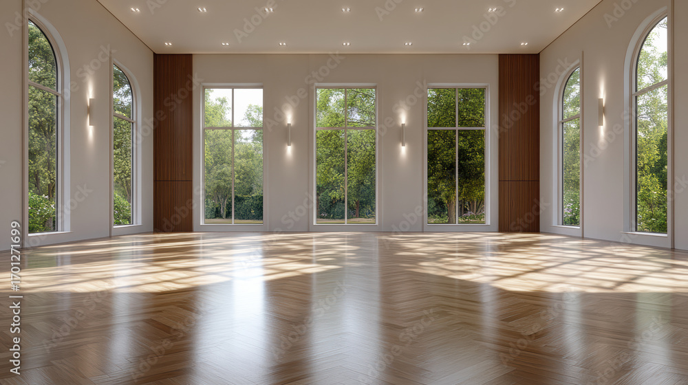 Fototapeta premium Spacious interior with large windows, natural light, and wooden flooring creates serene
