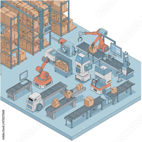 Industry 4.0 concept of an automated logistics center with robotic manipulators and AGVs operating on a production line
